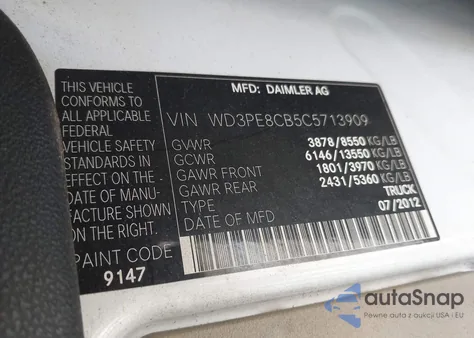 2012 Mercedes-Benz Sprinter 2500 High Roof z USA, uszkodzony, nr VIN WD3PE8CB5C5713909